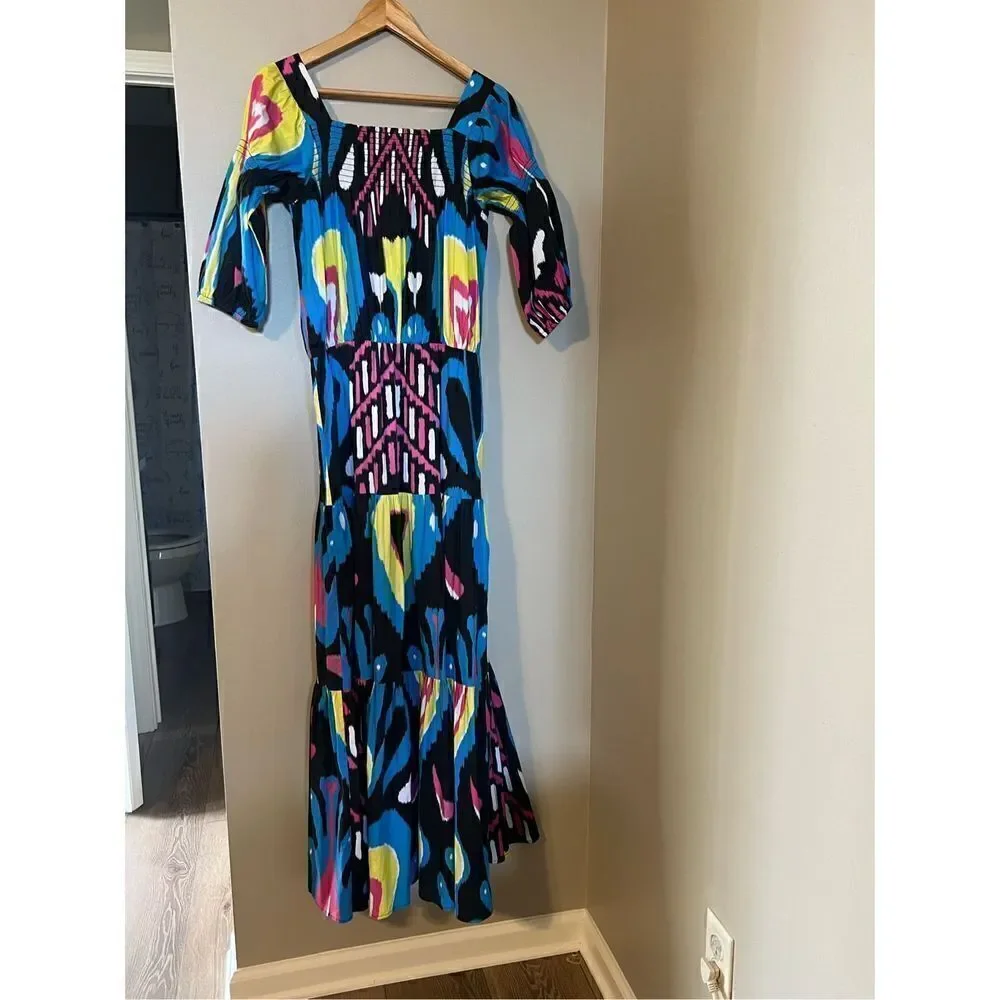 Sheridan French Women’s Size Medium Isabel Maxi Dress Black Blue Heart Ikat NWOT - Picture 11 of 14